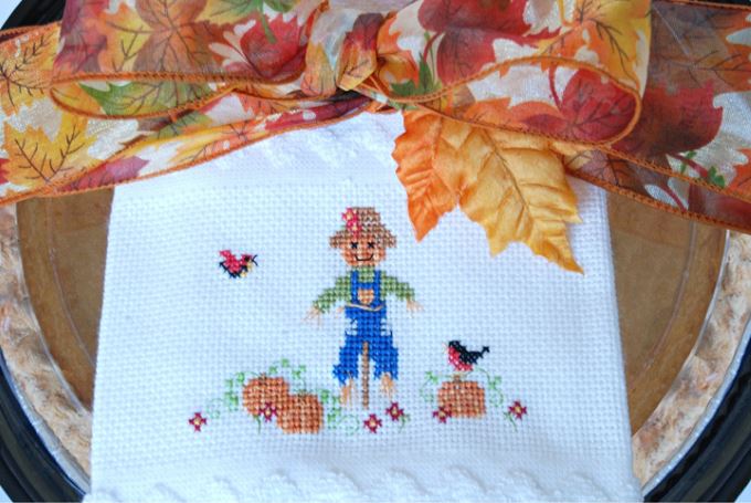 Scarecrow Cross Stitch Towel (with pumpkin pie)